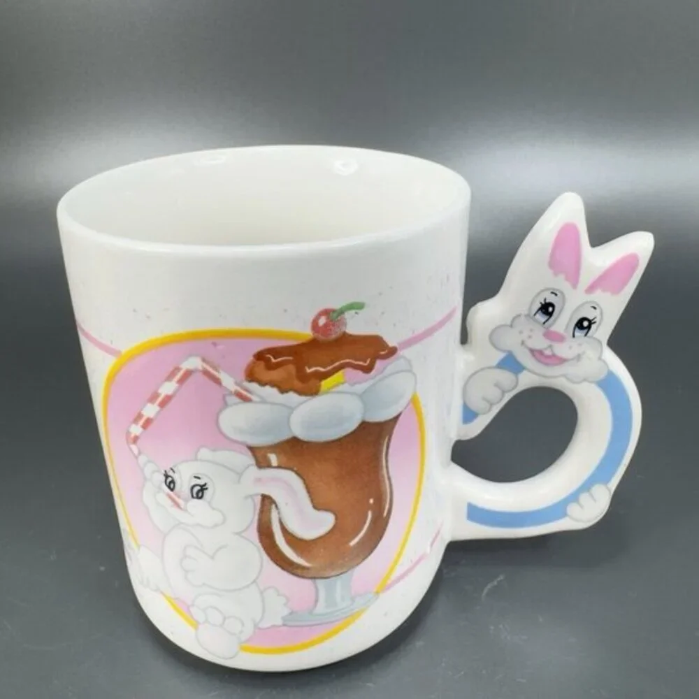 1980s Mug Cup Kitsch Colorful Bunny Rabbit Drinking Float Ceramic Mugs Cups Set2